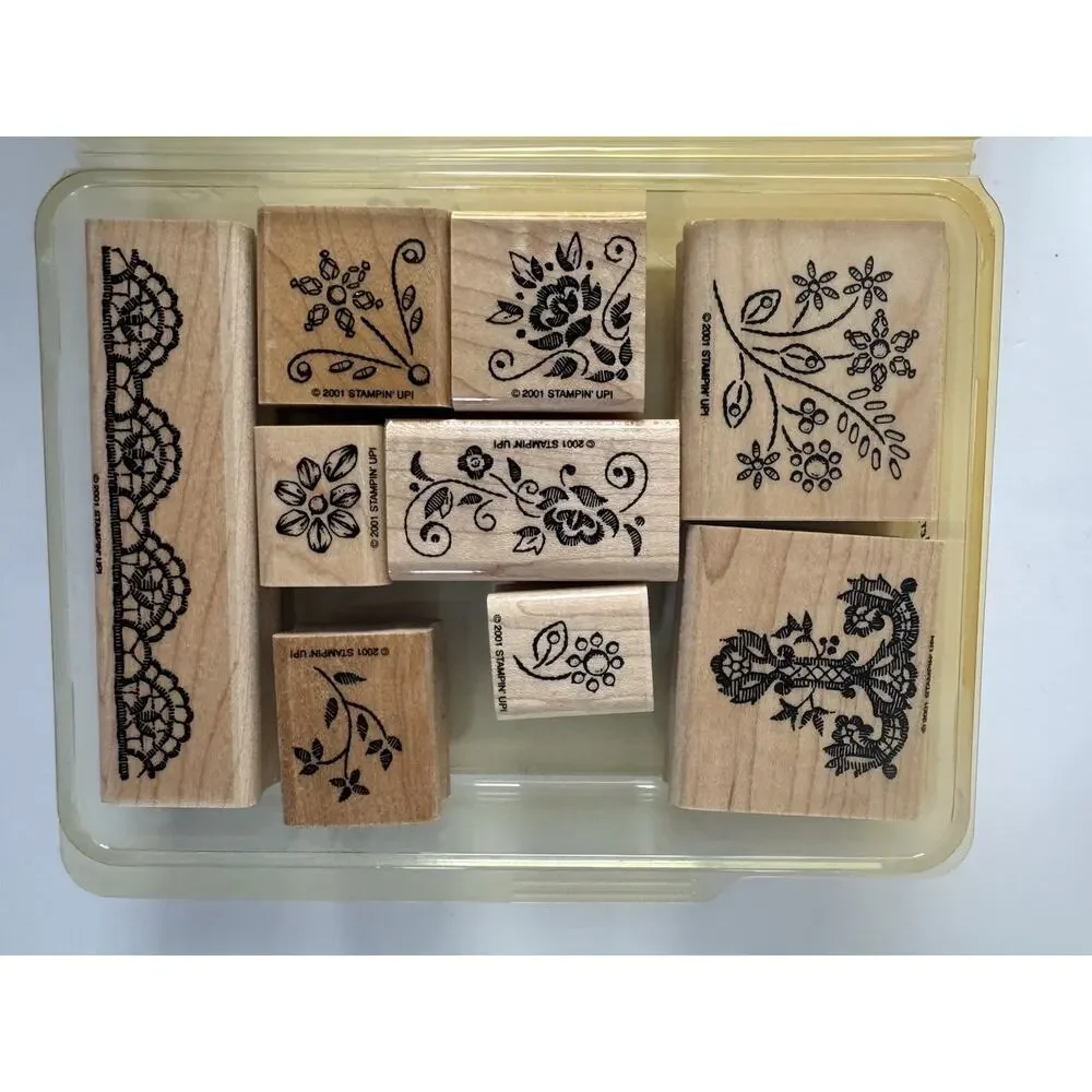 Stampin Up! 2001 Elegant Embroidery Rubber stamp Wood Vintage LOT #DR